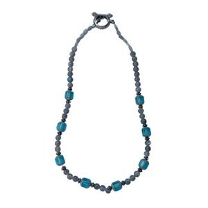 Vintage Glass Beaded Necklace Blue‎ Cube Labradorite Toggle Clasp 16 Inch
